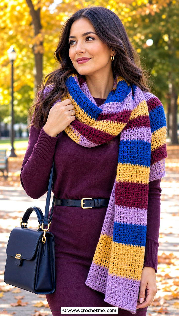Striped Rectangle Crochet Shawl With Sweater Dress - 20 Rectangle Crochet Shawls outfit ideas