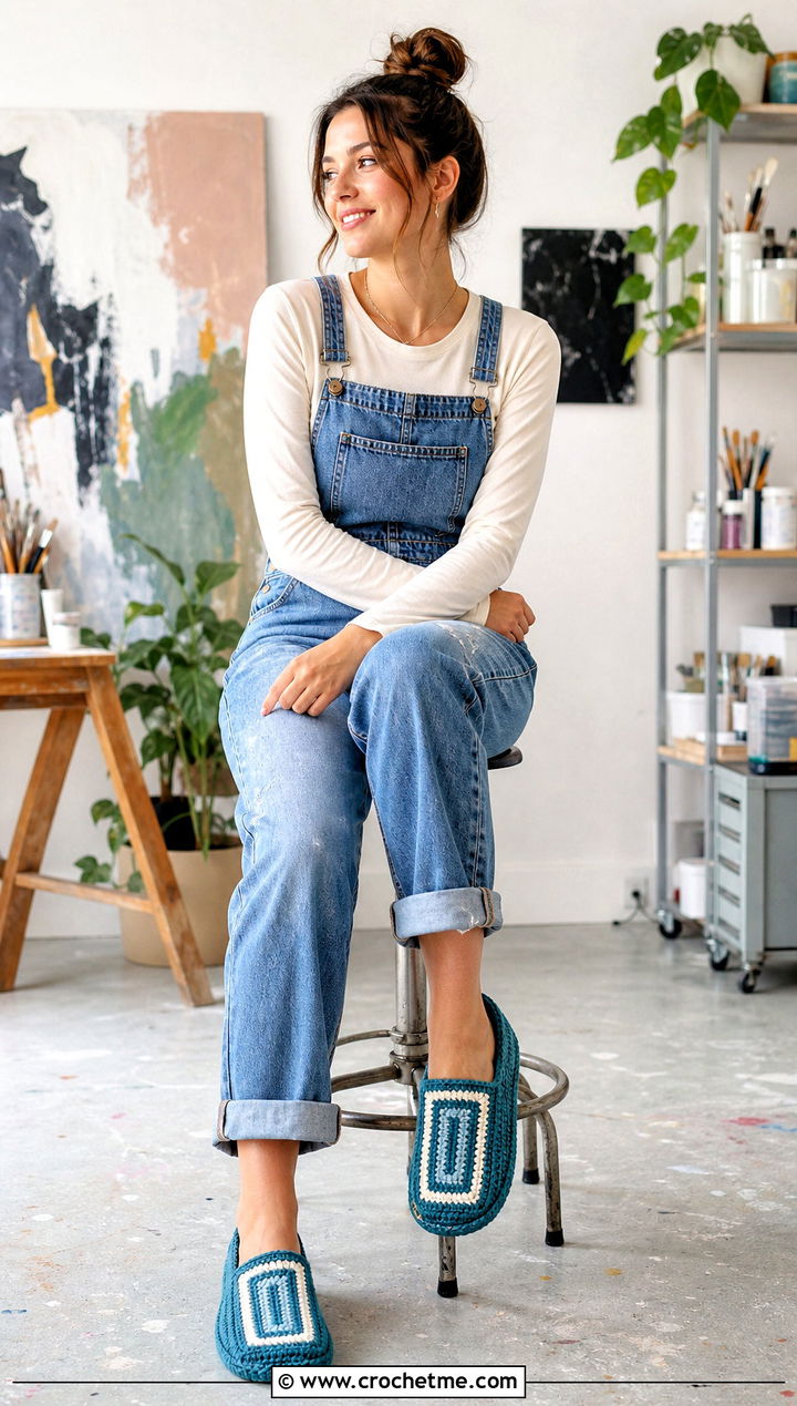 Striped Rectangle Crochet Slippers With Denim Overalls - 15 rectangle crochet slipper outfit ideas