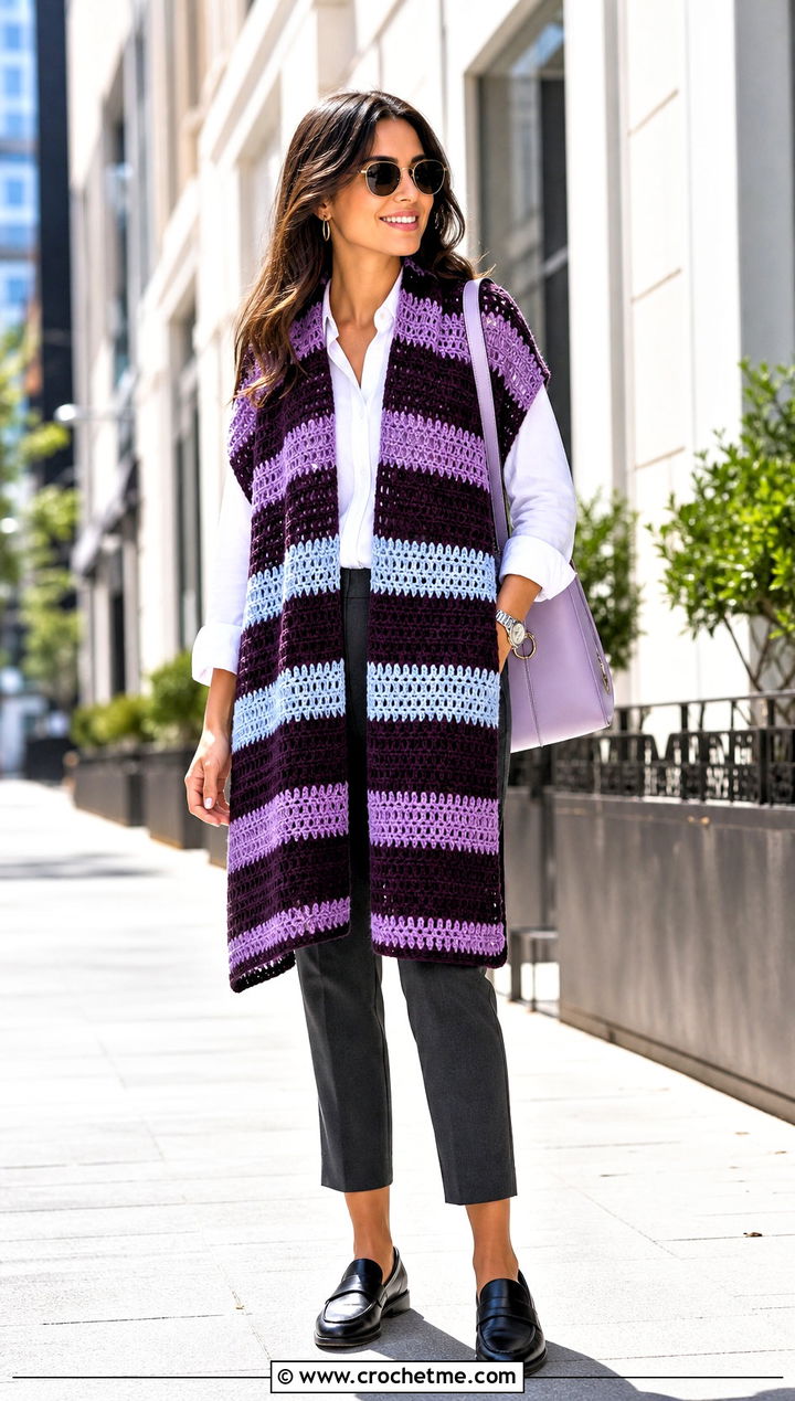 Striped Rectangle Crochet Wrap With White Shirt - 20 Rectangle Crochet Wrap outfit ideas