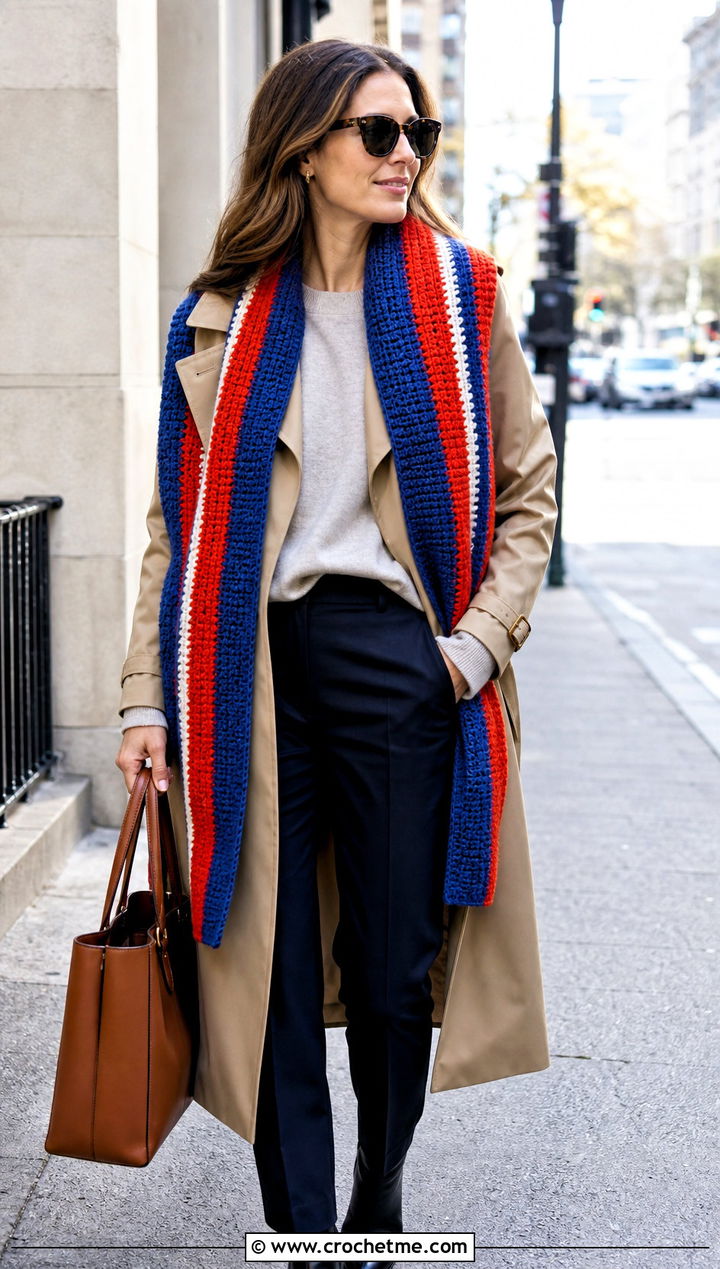 Striped Rectangle Shawl With Trench Coat - 25 Easy Crochet Rectangle Shawl outfit ideas