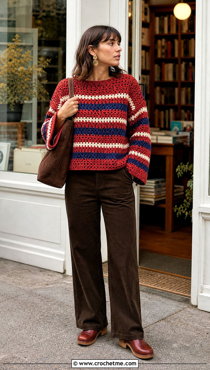 Striped Rectangle Sweater With Corduroy Pants - 15 Crochet Sweater From Rectangle outfit ideas
