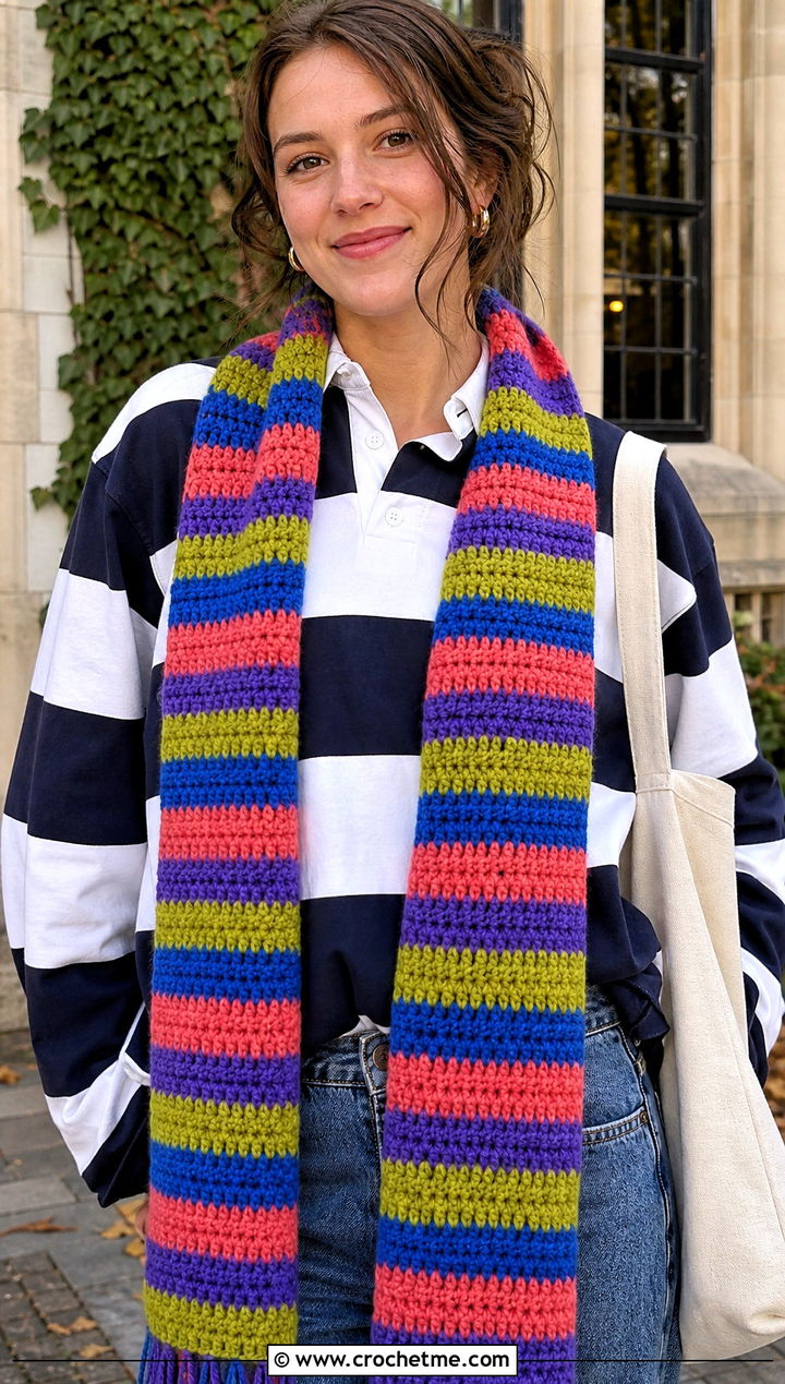 Striped Rectangular Crochet Scarf With Rugby Shirt and Barrel Jeans - 15 Light Crochet Scarf outfit ideas