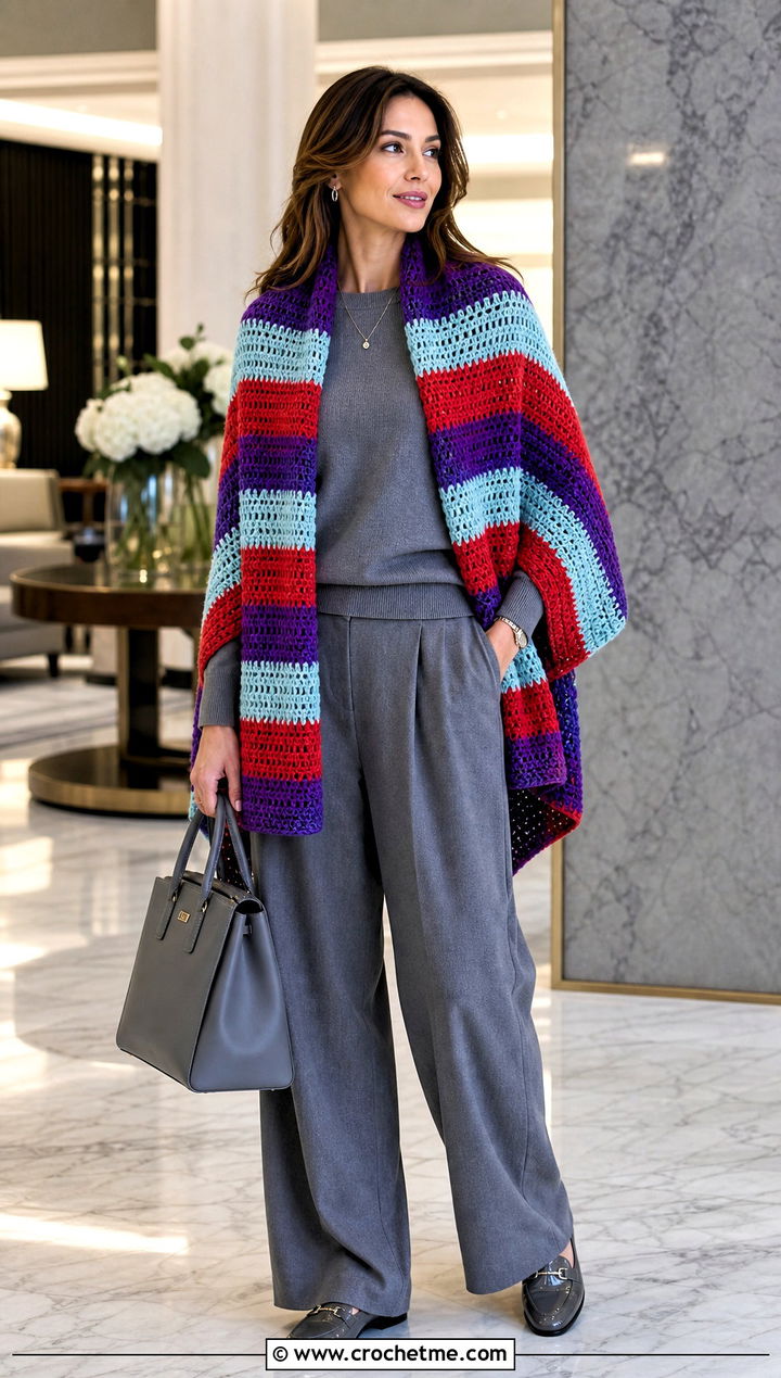 Striped Rectangular Crochet Shawl With Monochrome Outfit - 30 rectangular crochet shawls outfit ideas