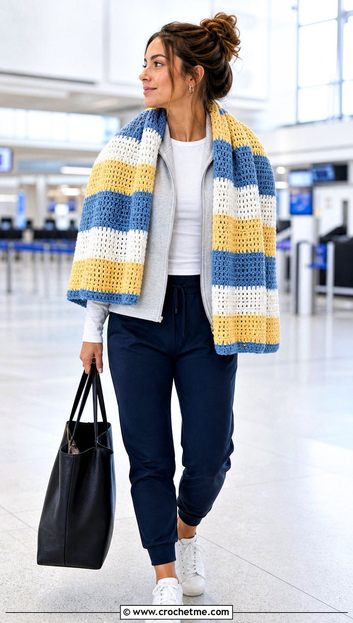 Striped Rectangular Wrap With Travel Activewear - 25 beautiful crochet shawls and wraps outfit ideas