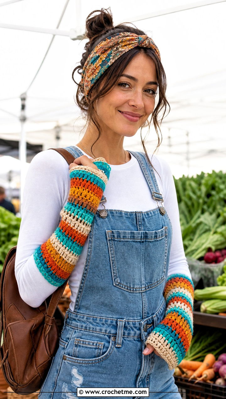 Striped Retro Crochet Arm Warmers With Denim Overalls - 15 crochet arm warmers vintage-styled outfit ideas