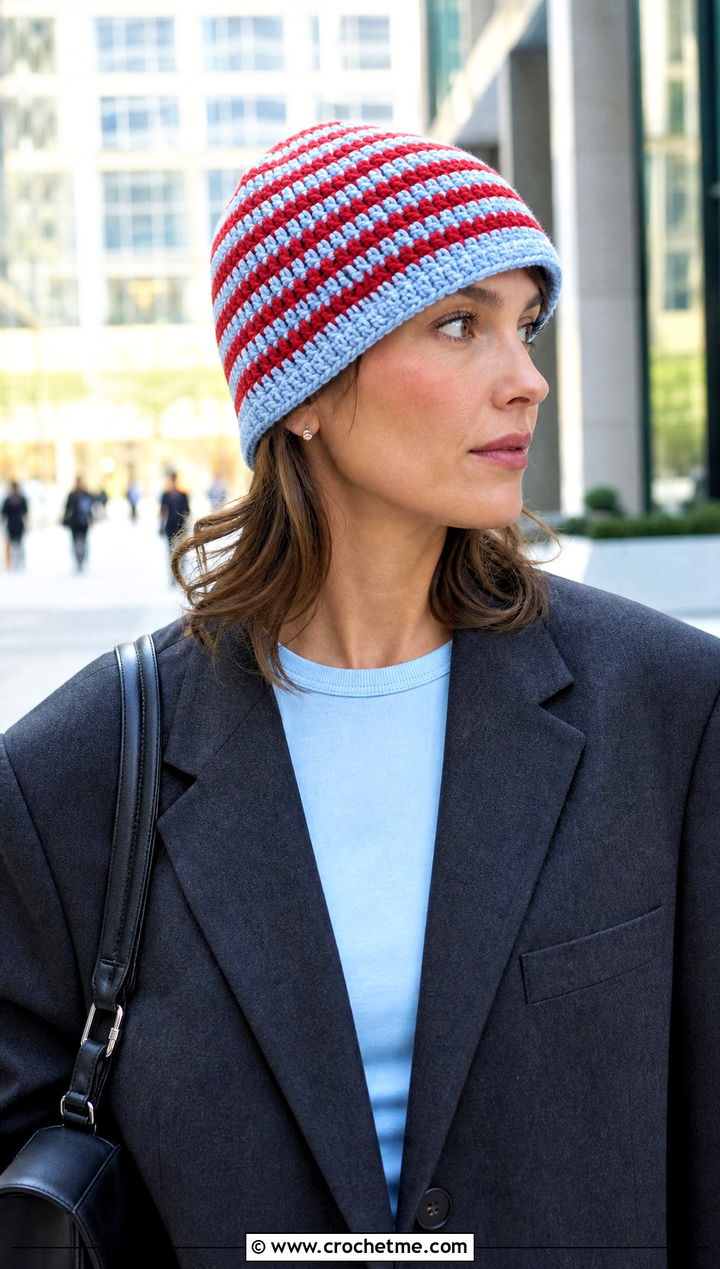 Striped Reversible Crochet Beanie With Blazer - 15 Reversible Crochet Beanie outfit ideas