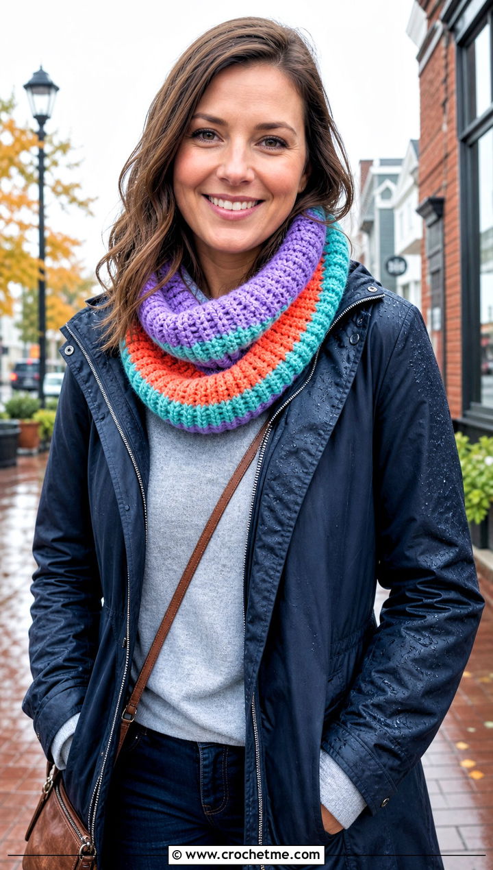 Striped Ribbed Cowl With Raincoat - 20 Crochet Ribbed Cowl outfit ideas