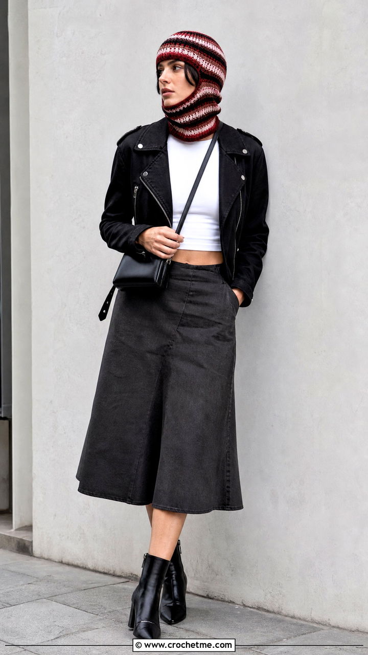 Striped Ribbed Crochet Balaclava With Moto Jacket And Midi Skirt - 35 crochet balaclava outfit ideas