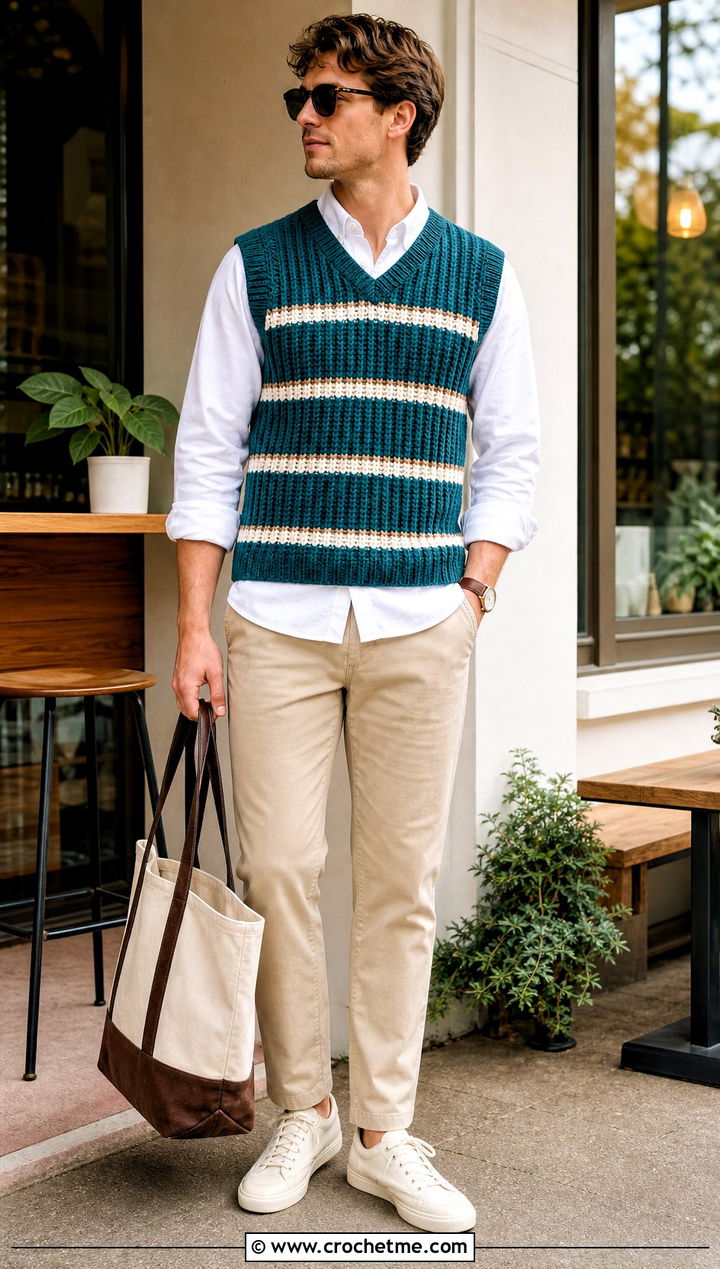 Striped Ribbed Crochet Mens Sweater Vest With Chinos - 25 crochet mens sweater vest outfit ideas