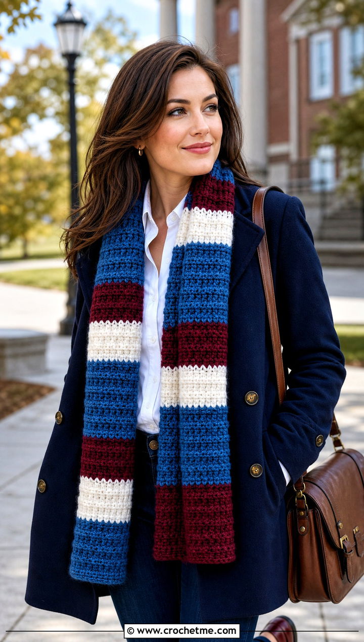 Striped Ribbed Crochet Scarf With Peacoat - 20 Ribbed Crochet Scarf outfit ideas