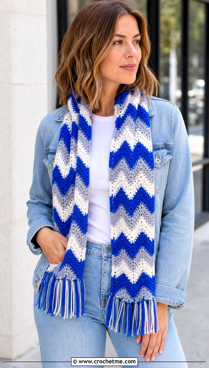 Striped Ripple Crochet Scarf With Straight Leg Jeans - 25 Zig Zag Crochet Scarf outfit ideas