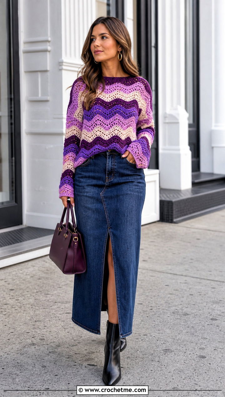 Striped Ripple Crochet Sweater With Denim Maxi Skirt - 20 Ripple Crochet Sweater outfit ideas