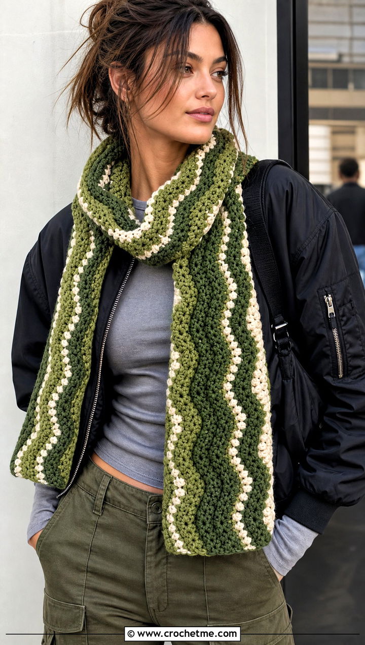Striped Ripple Stitch Crochet Scarf With Bomber Jacket - 15 ripple stitch crochet scarf outfit ideas