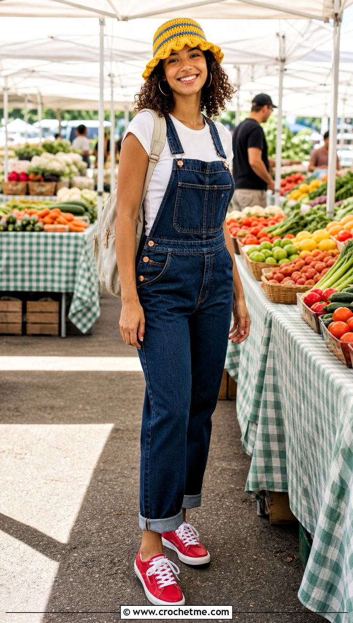 Striped Ruffle Crochet Bucket Hat With Denim Overalls - 35 ruffled crochet hat outfit ideas
