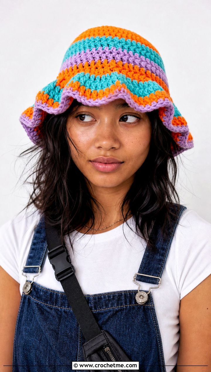 Striped Ruffle Crochet Bucket Hat With Overalls - 25 Crochet Bucket Hat With Ruffles outfit ideas