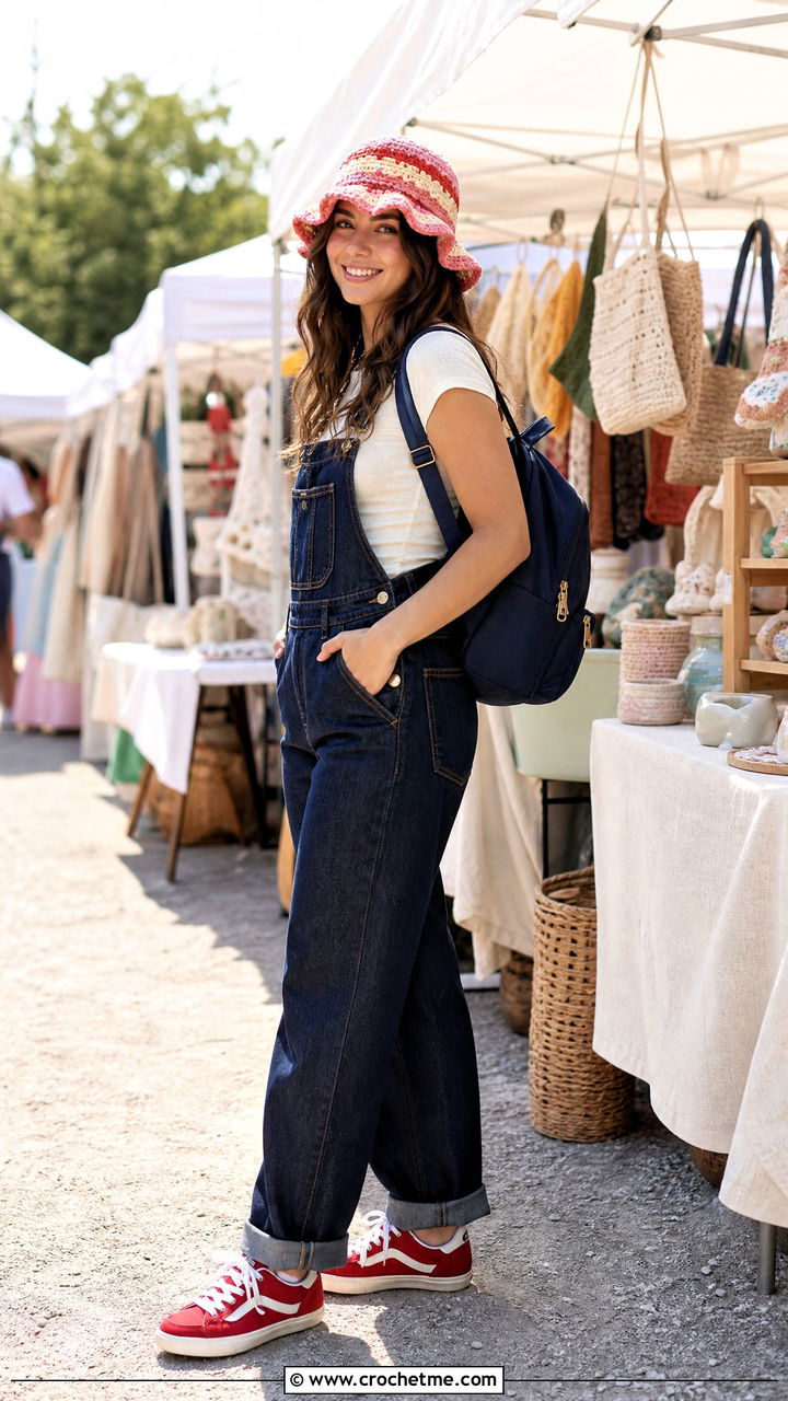 Striped Ruffle Hat With Denim Overalls - 35 crochet ruffle hat outfit ideas