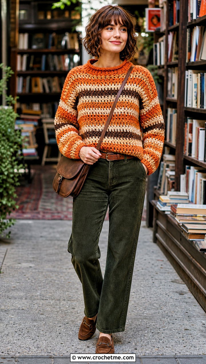 Striped Rustic Crochet Sweater With Corduroy Pants - 15 Rustic Crochet Sweater outfit ideas
