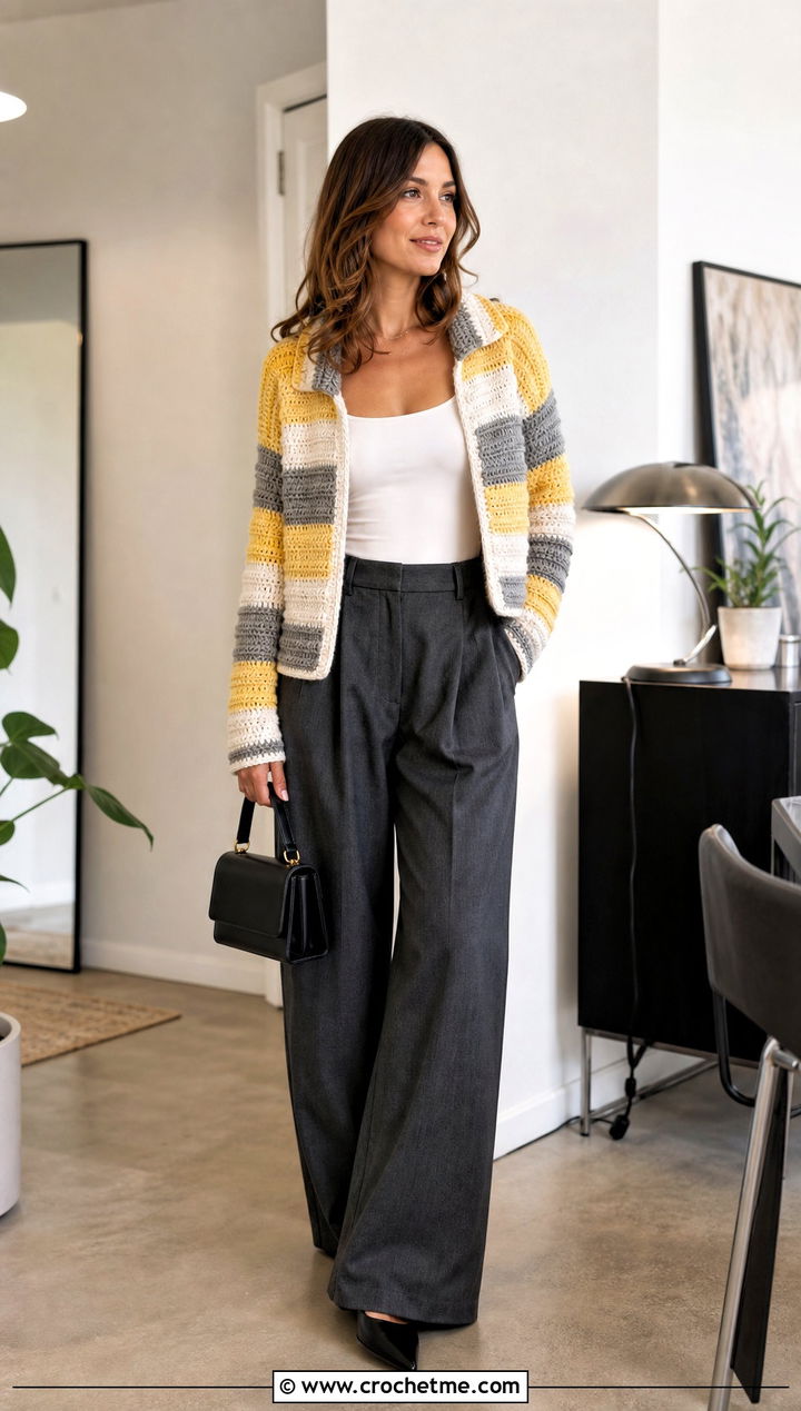 Striped Sally Cardigan With Wide Leg Trousers - 20 Crochet Sally Cardigan outfit ideas
