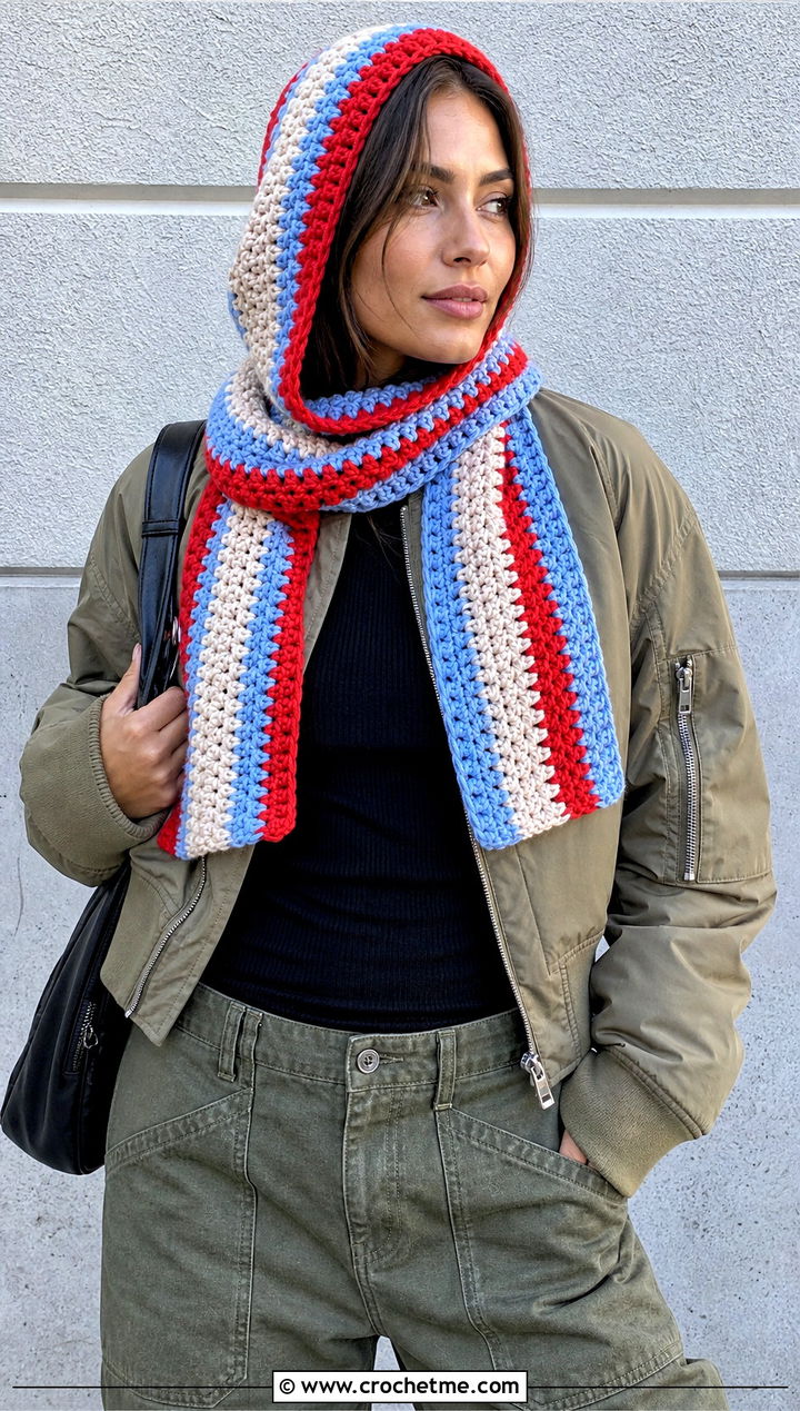 Striped Scoodie With Cargo Pants - 25 Crochet Hoodie Scarf outfit ideas