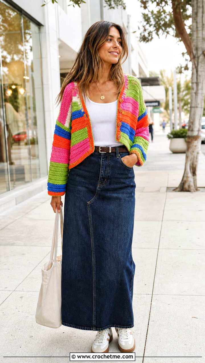 Striped Scrap Cardigan With Denim Maxi Skirt - 15 Crochet Scrap Cardigan outfit ideas