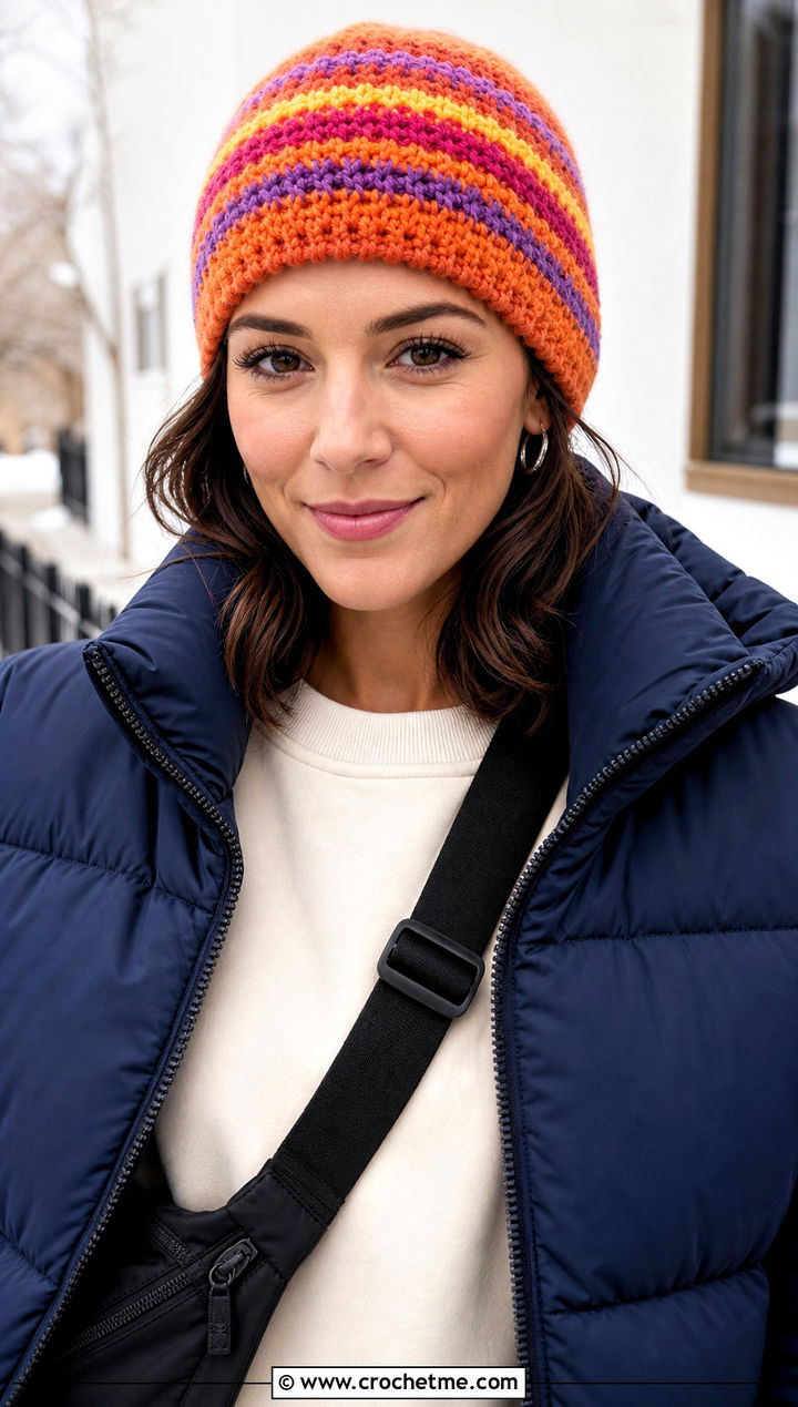 Striped Scrap Yarn Crochet Beanie With Puffer Jacket - 30 scrap yarn crochet beanie outfit ideas
