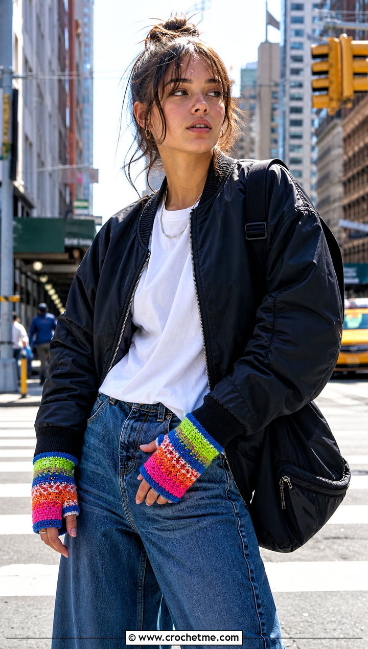 Striped Scrap Yarn Fingerless Gloves With Streetwear - 25 Diy Crochet Fingerless Gloves outfit ideas