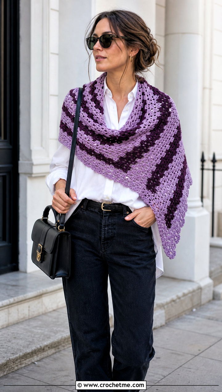 Striped Shell Shawl With White Shirt And Jeans - 20 Crochet Shell Shawl outfit ideas