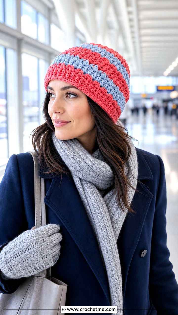 Striped Shell Stitch Beanie With Matching Knit Set - 15 Crochet Shell Stitch Beanie outfit ideas
