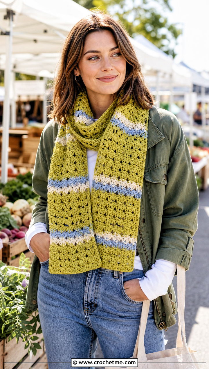 Striped Shell Stitch Scarf With Utility Jacket - 25 crochet shell scarf outfit ideas