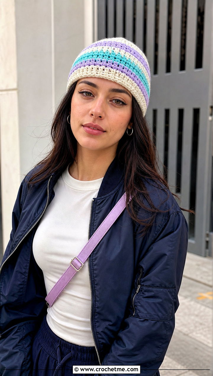 Striped Short Row Crochet Beanie With Cargo Pants - 25 short row crochet hat outfit ideas