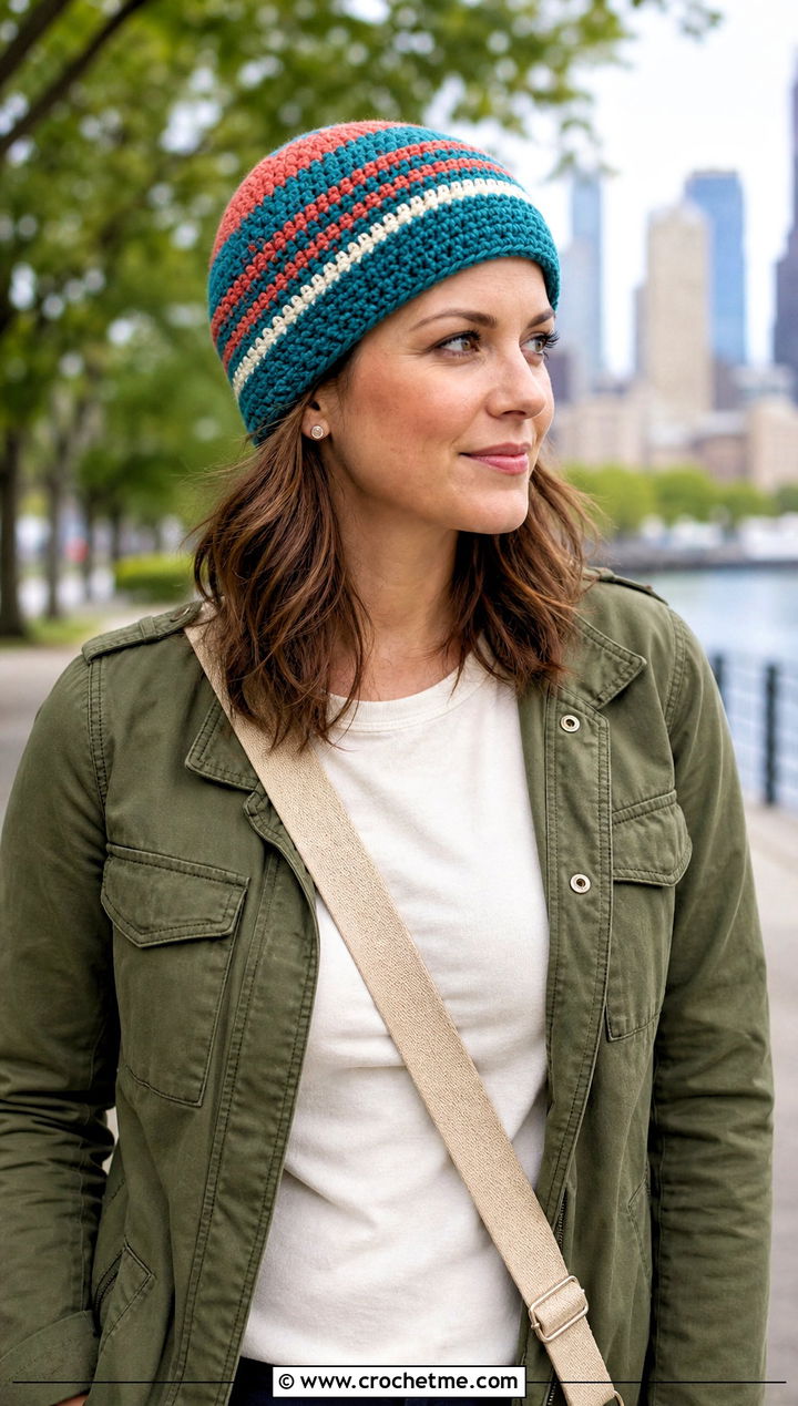 Striped Short Row Crochet Hat With Utility Jacket - 25 Crochet Short Rows Hat outfit ideas