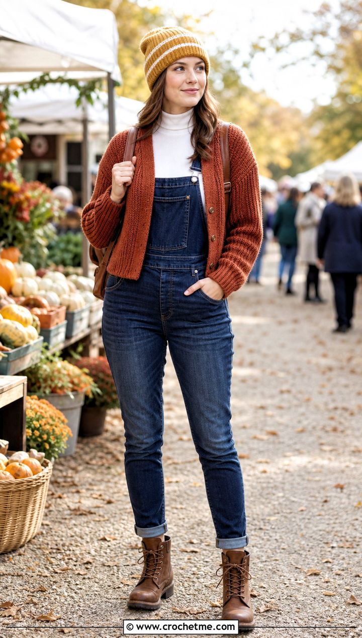 Striped Single Crochet Beanie With Cardigan And Overalls - 35 single crochet beanie outfit ideas