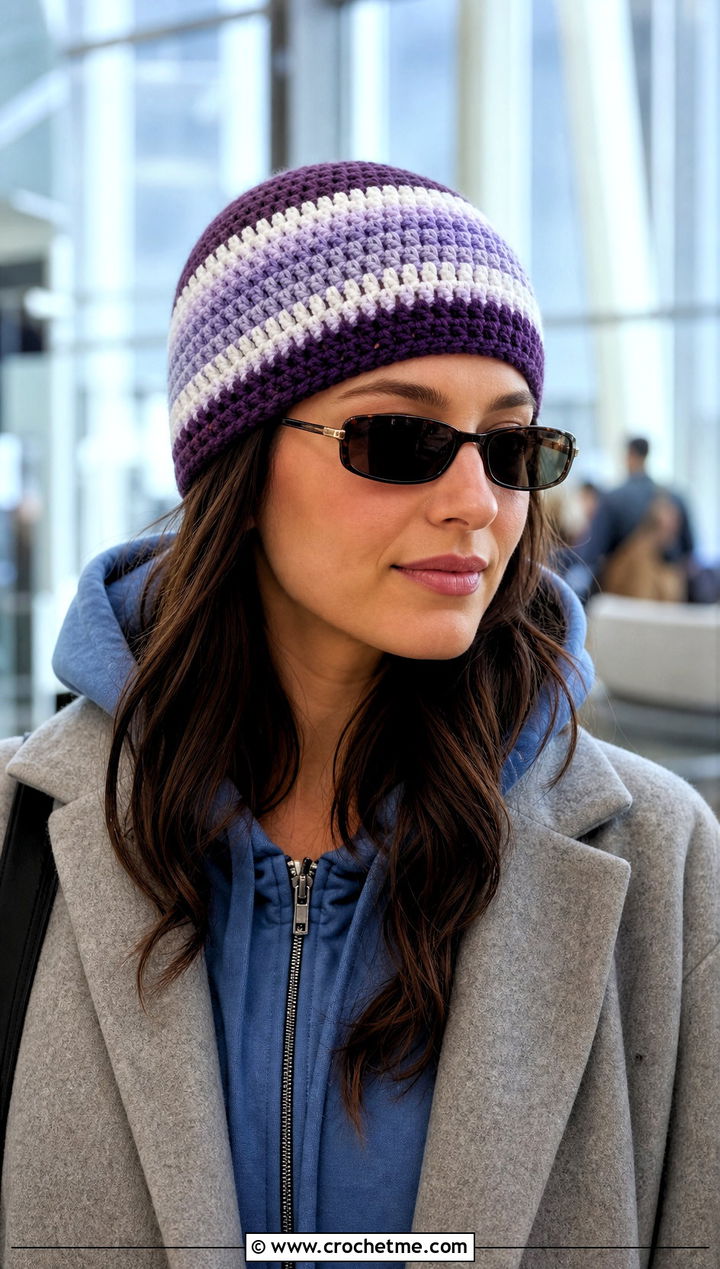 Striped Single Crochet Beanie With Matching Sweatsuit - 15 Sc Crochet Beanie outfit ideas