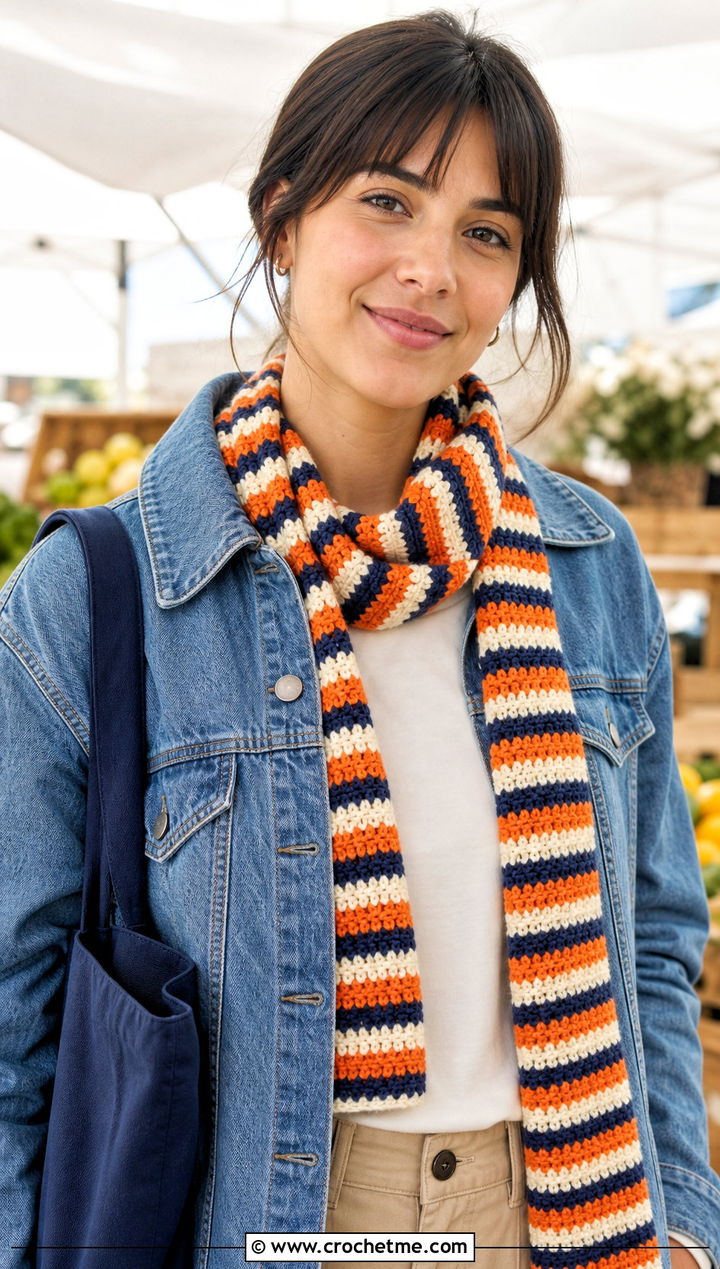 Striped Single Crochet Scarf With Denim Jacket And Chinos - 25 Single Crochet Scarf outfit ideas