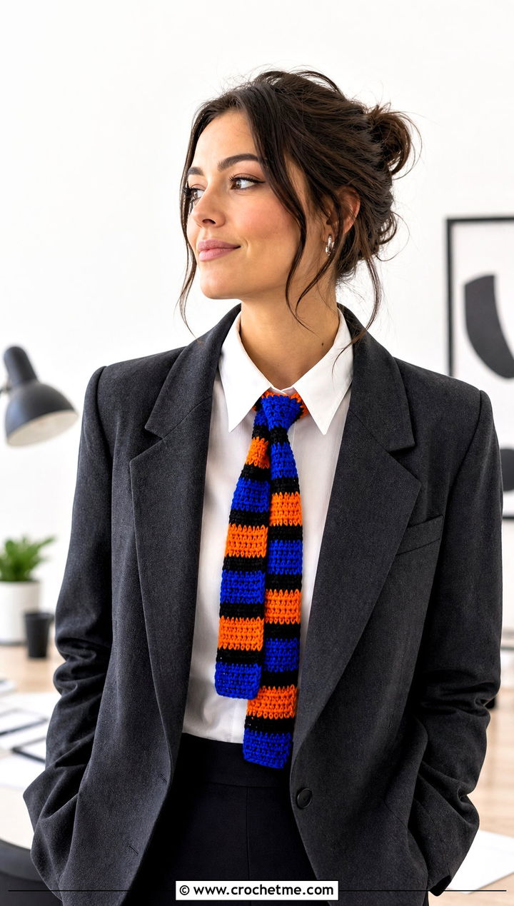 Striped Skinny Halloween Scarf With Office Blazer - 20 crochet halloween scarf outfit ideas