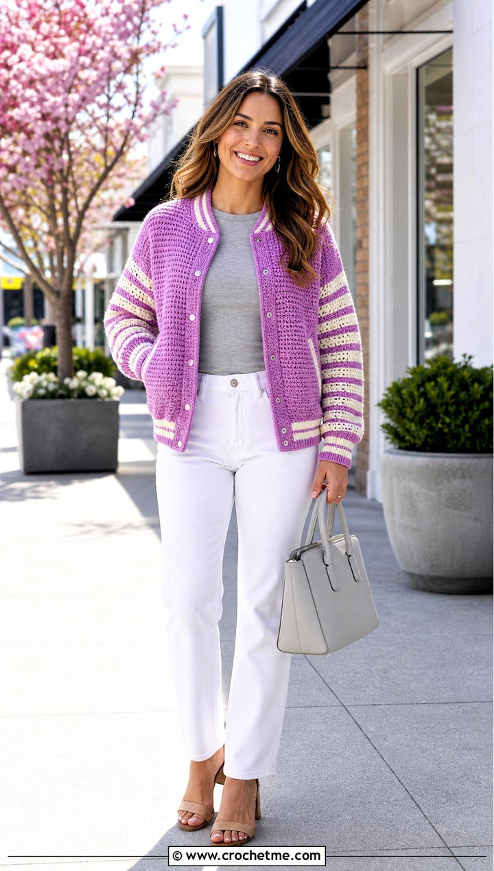 Striped Sleeve Crochet Letterman Jacket With White Jeans - 30 crochet letterman jacket outfit ideas