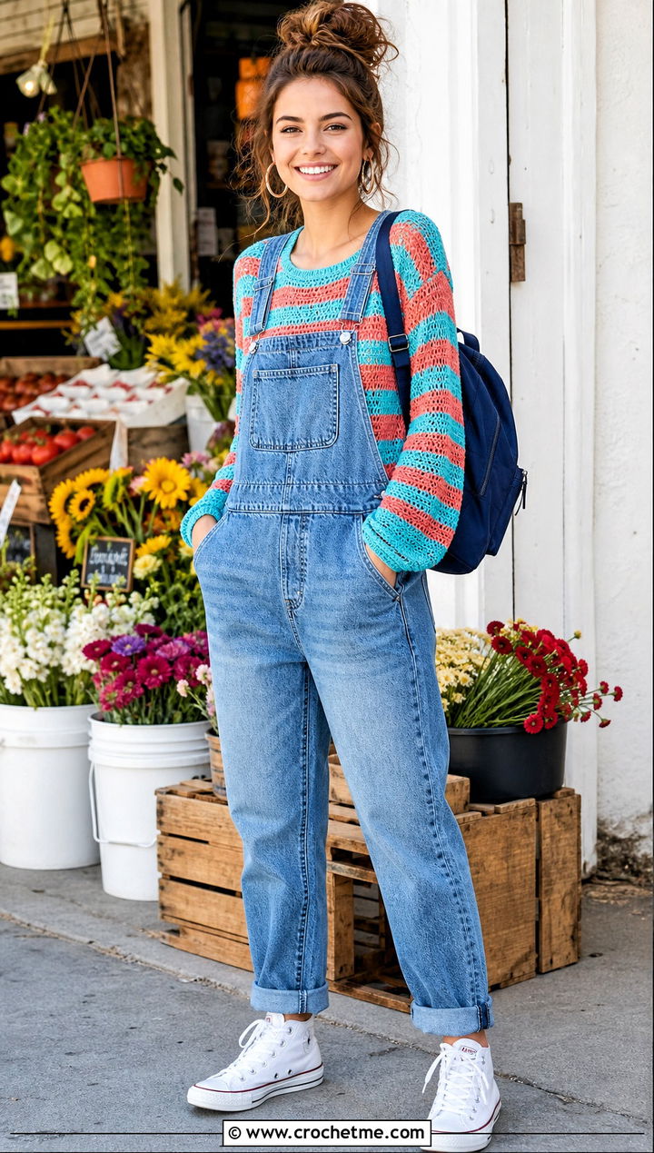 Striped Sleeve Crochet Top With Denim Overalls - 35 crochet top sleeves outfit ideas