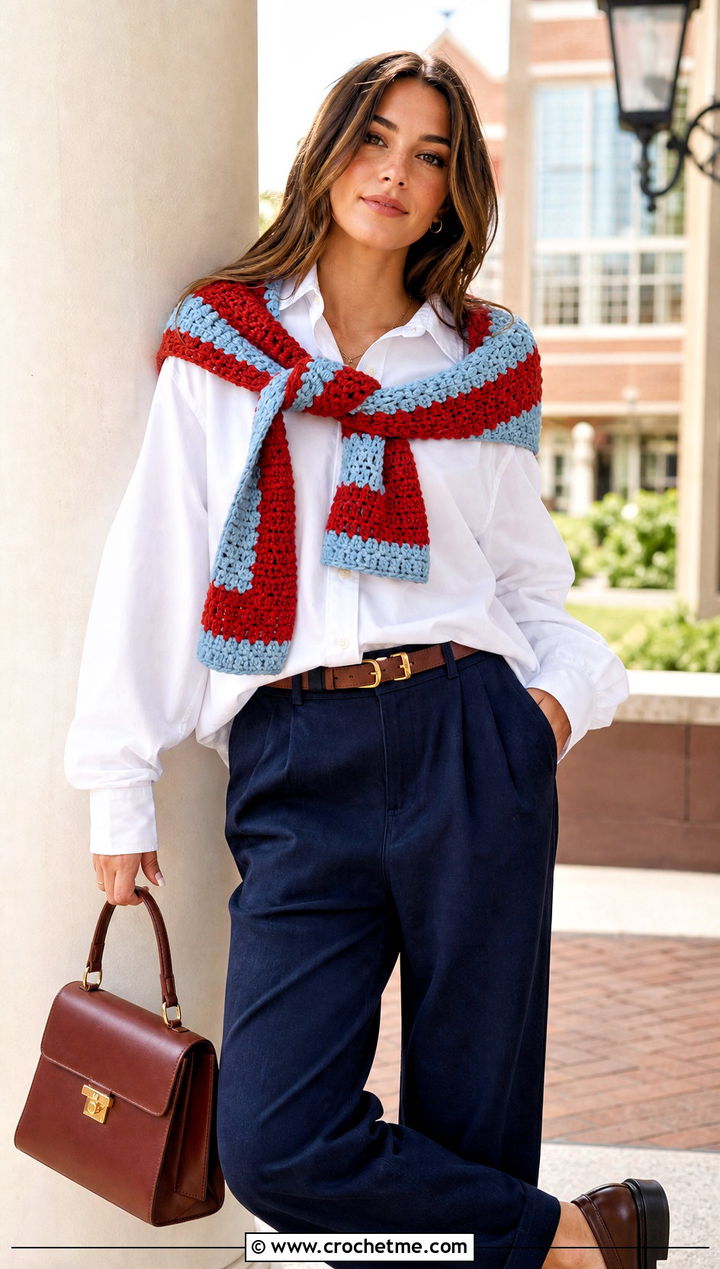 Striped Sleeve Scarf With White Button Down Shirt - 25 crochet double sleeve scarf outfit ideas