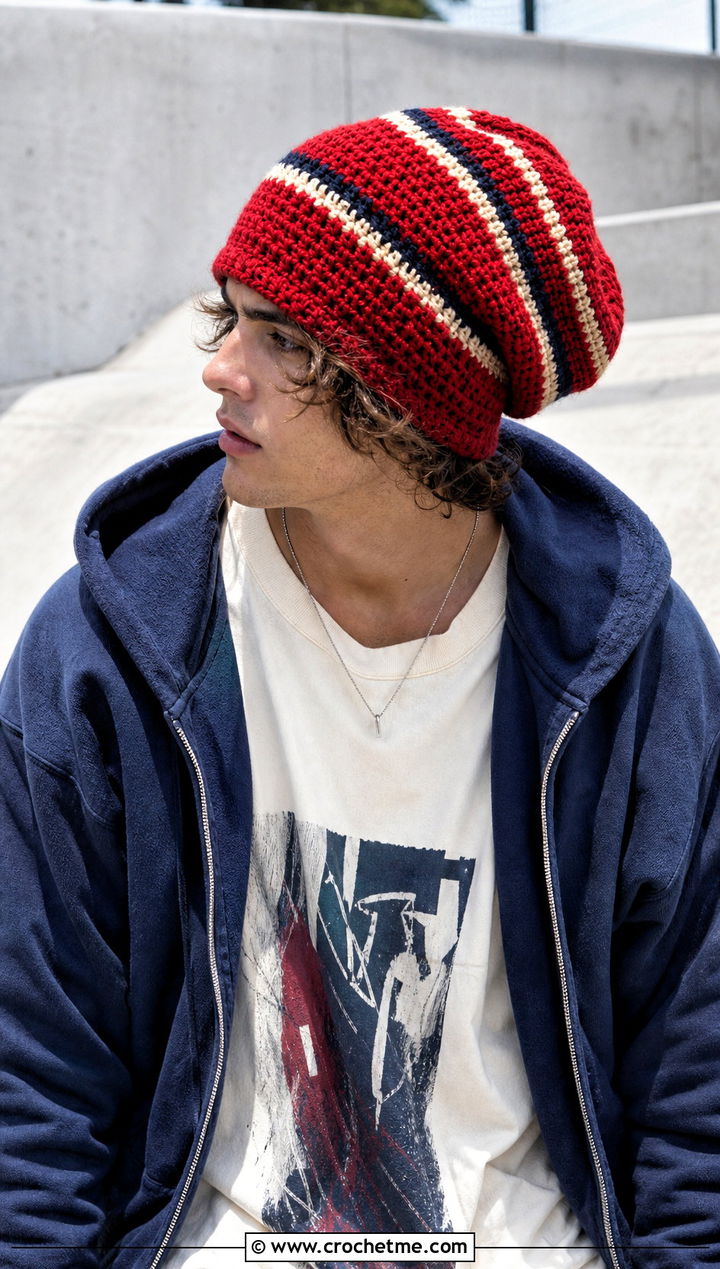 Striped Slouch Crochet Beanie With Skater Outfit - 20 Mens Slouch Crochet Beanie outfit ideas