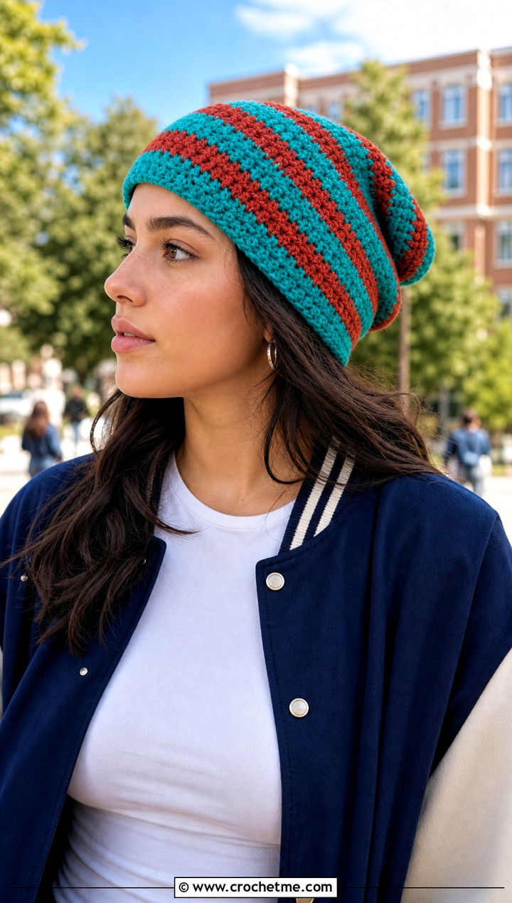 Striped Slouch Crochet Beanie With Varsity Jacket - 30 slouch crochet beanie outfit ideas