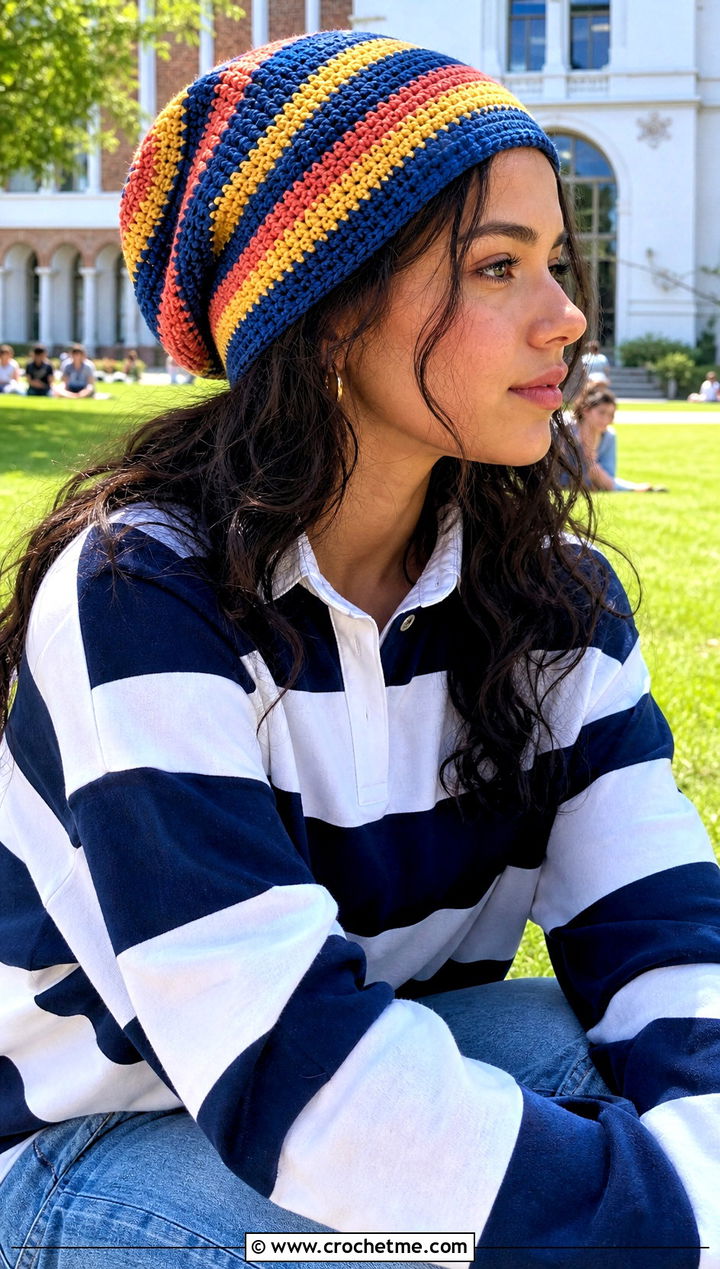 Striped Slouch Crochet Hat With Rugby Shirt - 30 slouch crochet hat outfit ideas