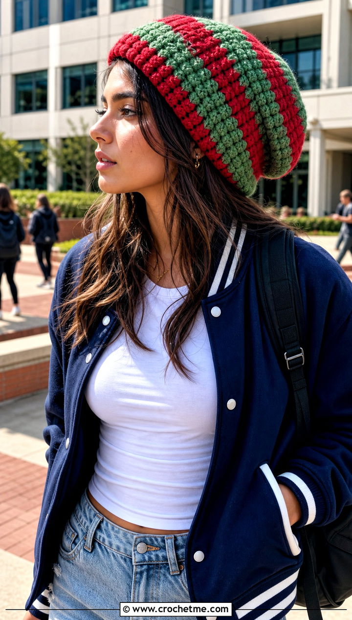 Striped Slouchy Chunky Beanie With Varsity Jacket - 35 crochet chunky beanie outfit ideas