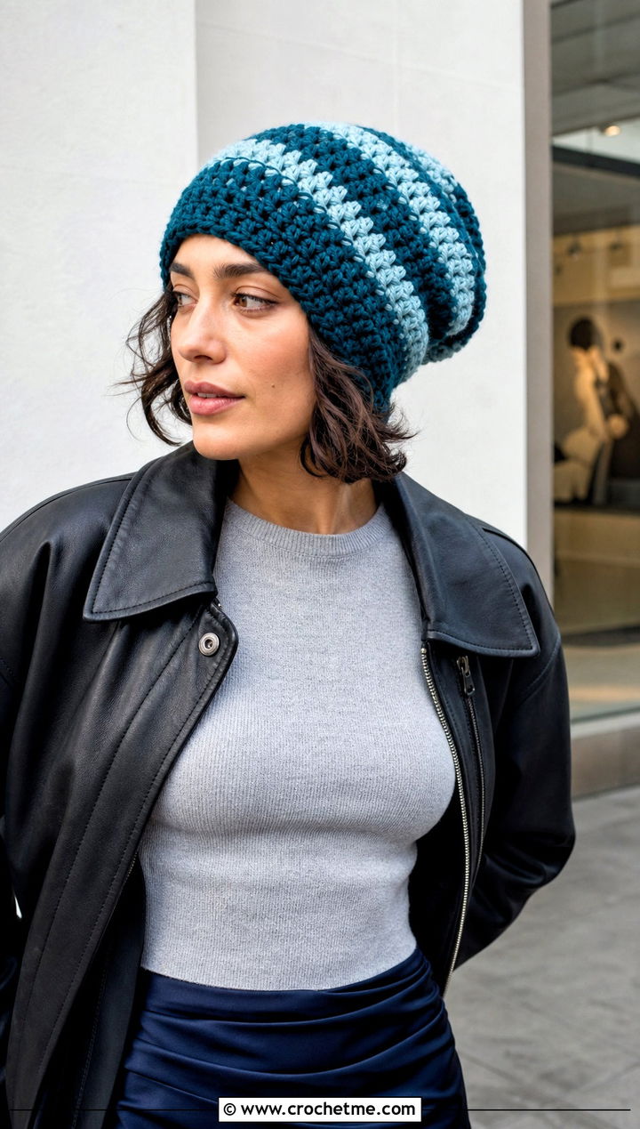 Striped Slouchy Crochet Beanie With Leather Jacket - 15 crochet hats stripes outfit ideas
