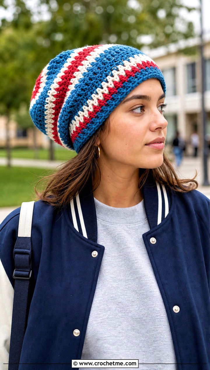 Striped Slouchy Crochet Beanie With Varsity Jacket - 15 large crochet beanie outfit ideas