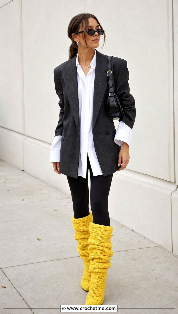 Striped Slouchy Crochet Boots With Leggings And Blazer - 15 Colorful Crochet Boot outfit ideas