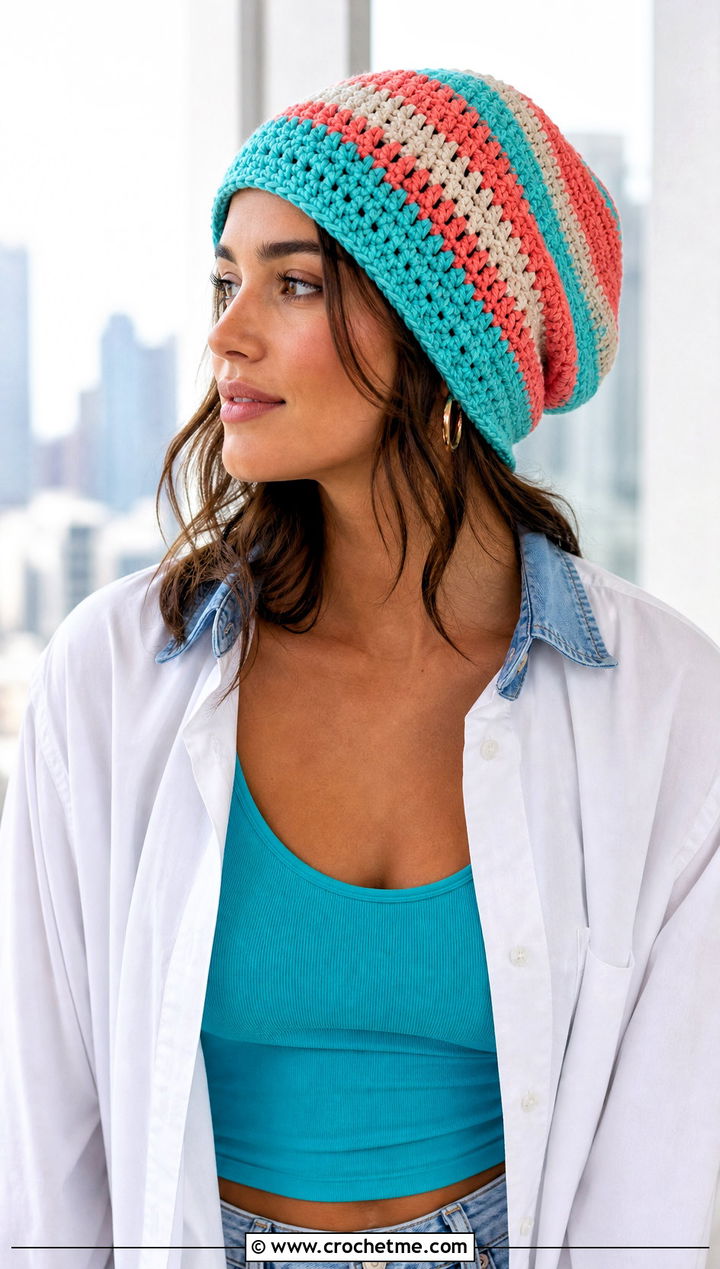 Striped Slouchy Crochet Hat With Oversized Shirt - 15 Slouchy Crochet Hat outfit ideas