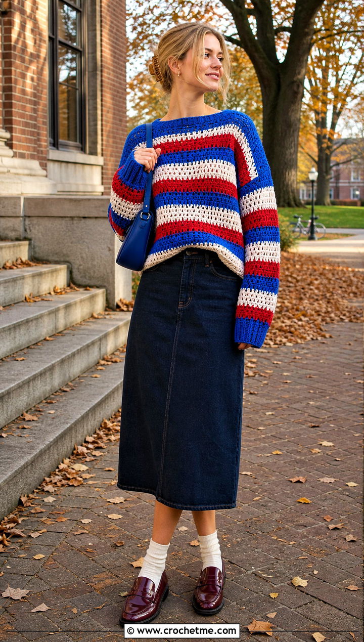 Striped Slouchy Crochet Sweater With Denim Midi Skirt - 25 slouchy crochet sweater outfit ideas