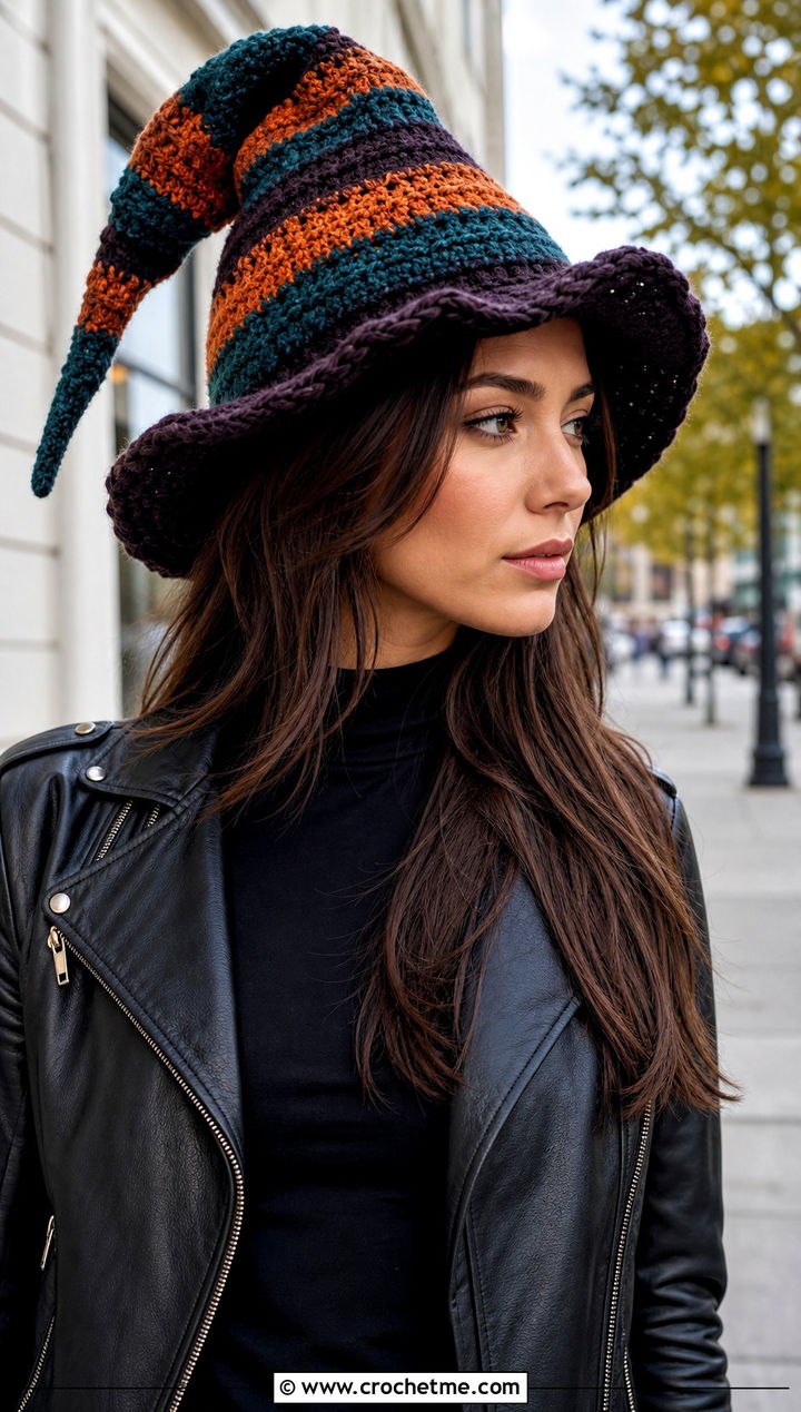 Striped Slouchy Crochet Witch Hat With Leather Jacket - 30 slouchy crochet witch hat outfit ideas