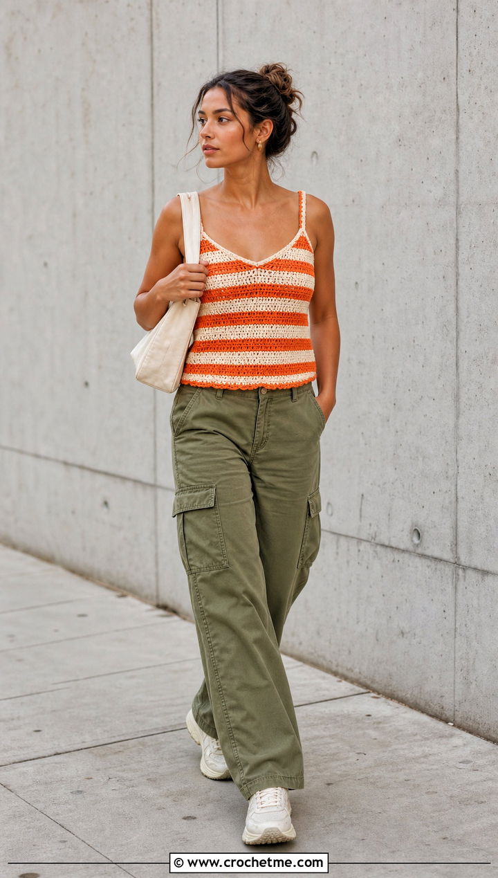 Striped Sonja Cami With Cargo Pants - 15 Crochet Sonja Cami outfit ideas