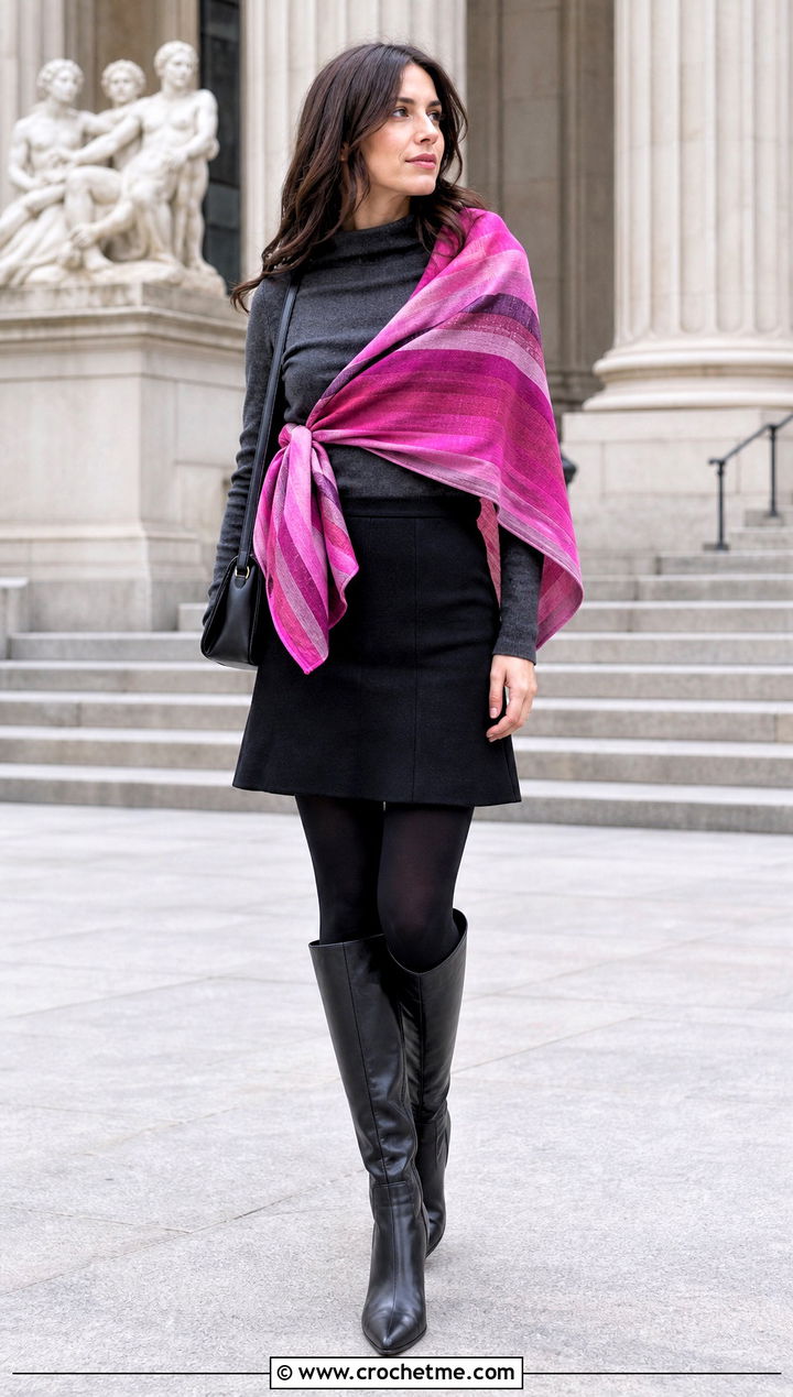 Striped Sontag Shawl With Mini Skirt - 35 crochet outlander shawl outfit ideas